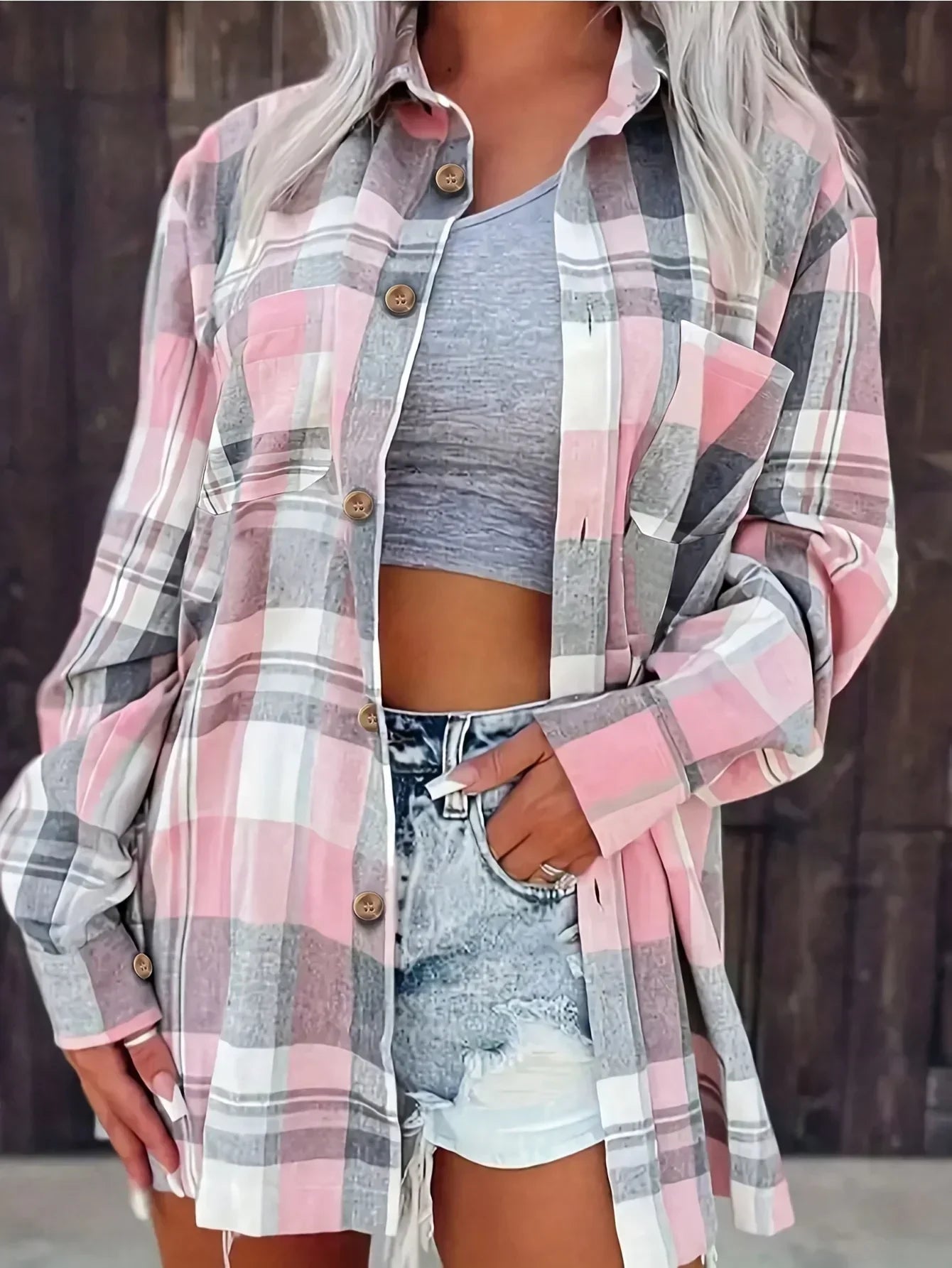 Women Plus Size Fashion Plaid Printed Shirt Casual Loose Long Sleeved Shirt Lapel Design Shirt Tops